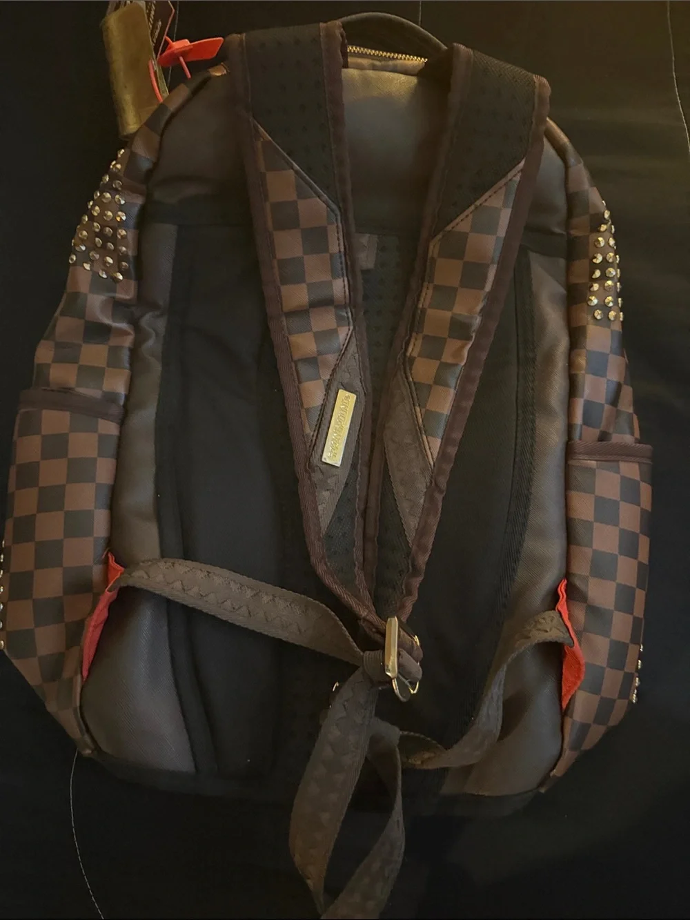 Sprayground Brown Checkered Backpack with Stud Accents